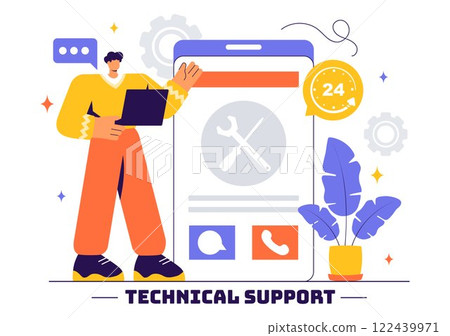 Vector Illustration of a Technical Support System Featuring Software Development, Customer Service, and IT Assistance in a Flat Style Background 122439971