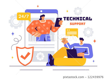 Vector Illustration of a Technical Support System Featuring Software Development, Customer Service, and IT Assistance in a Flat Style Background 122439976