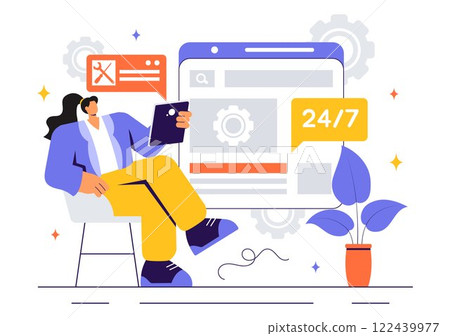 Vector Illustration of a Technical Support System Featuring Software Development, Customer Service, and IT Assistance in a Flat Style Background 122439977