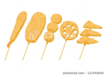 Vector illustration of a set of five kushikatsu skewers Vector illustration of a set of five kushikatsu skewers 122440009