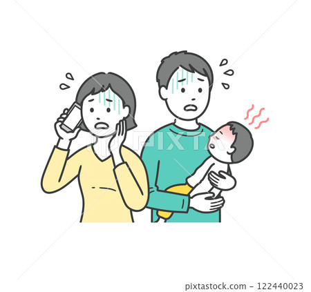 A young father in a panic holding his child who suddenly had a fever and a mother calling a medical institution 122440023