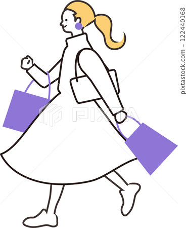 插圖素材：簡單可愛，拿著袋子或紙袋，面帶微笑享受購物的人_全身_側面輪廓_面向左側_銷售 122440168