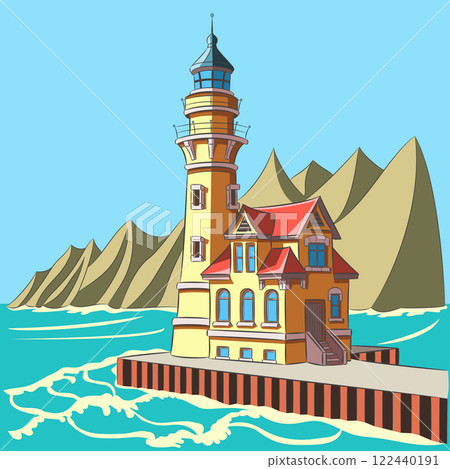 Stone lighthouse on the seashore against the backdrop of rocks 122440191
