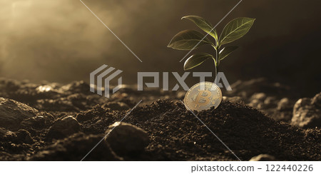 A Bitcoin nestled in soil with a sprouting plant symbolizes cryptocurrency growth, sustainability, and eco-friendly investments. A Bitcoin nestled in soil with a sprouting plant symbolizes cryptocurrency growth, sustainability, and eco-friendly investments. 122440226
