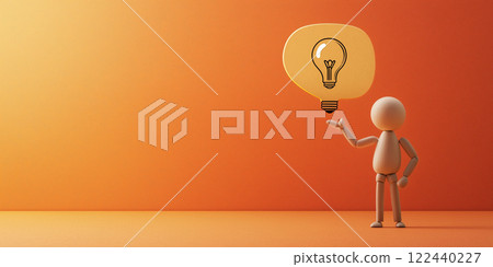 A wooden figure gestures towards a glowing lightbulb, symbolizing innovation, ideas, and creative thinking against a vibrant orange background. A wooden figure gestures towards a glowing lightbulb, symbolizing innovation, ideas, and creative thinking against a vibrant orange background. 122440227