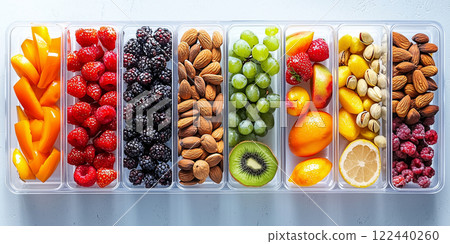 A vibrant array of healthy snacks, including fruits, berries, and nuts, neatly arranged in clear containers, symbolizing healthy living and meal prepping 122440260