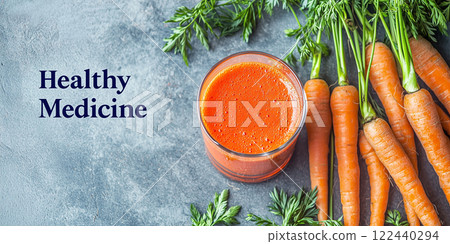 Fresh Carrot Juice with Organic Carrots on Rustic Surface for Healthy Living and Natural Remedies 122440294