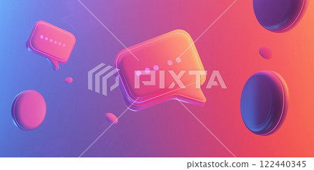 Colorful abstract digital background with glowing speech bubbles and floating geometric shapes in a vibrant gradient atmosphere Colorful abstract digital background with glowing speech bubbles and floating geometric shapes in a vibrant gradient atmosphere 122440345