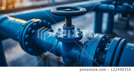 Close-Up of Industrial Valve on a Pipe in a Water Treatment Facility Highlighting Blue Metal Design and Water Droplets in a Sunlit Environment 122440358