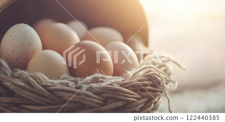 Fresh Organic Eggs in a Rustic Basket Surrounded by Soft Natural Light with a Warm Background, Perfect for Farm or Kitchen Themes 122440385