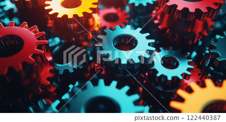 A vibrant arrangement of red and blue gears in motion represents teamwork, collaboration, mechanics, and industrial innovation. 122440387