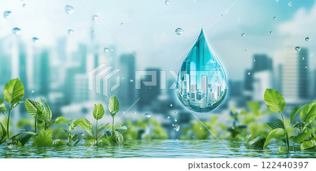 A cityscape reflected in a water droplet with surrounding plants symbolizes harmony, sustainability, and environmental responsibility. 122440397