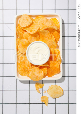 Potato chips in a bowl with sauces on a light background Potato chips in a bowl with sauces on a light background 122440450