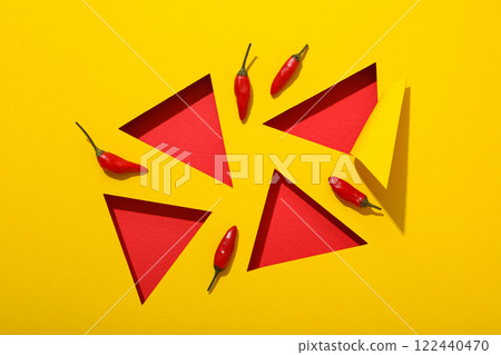 Chili pepper with red triangles on a yellow background Chili pepper with red triangles on a yellow background 122440470