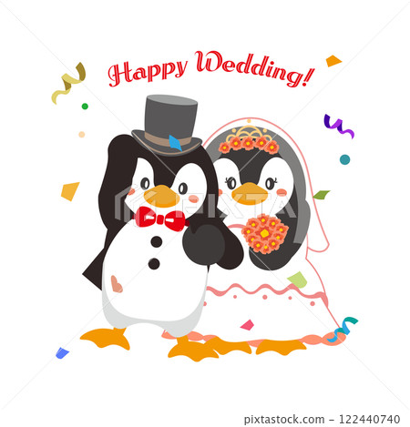 帶有文字和黑色高頂禮帽的企鵝夫婦婚禮插圖 122440740