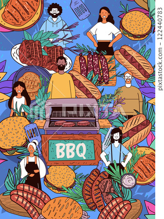 BBQ themed illustration with diverse people enjoying grilled foods like burgers sausages and steaks surrounded by leaves and utensils colorful background BBQ themed illustration with diverse people enjoying grilled foods like burgers sausages and steaks surrounded by leaves and utensils colorful background 122440783