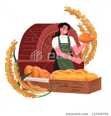 Baker presenting fresh bread in front of a brick oven surrounded by wheat ears vibrant colors bakery theme 122440784