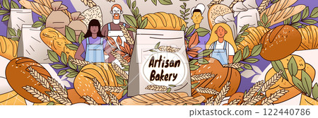 Artisan bakery concept with diverse bakers surrounded by various bread types wheat and leaves in a colorful setting. Ideal for website design or banners 122440786