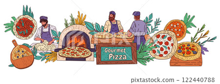 Gourmet pizza chefs preparing artisanal pizzas in a wood-fired oven setting surrounded by fresh ingredients and vibrant foliage. Ideal for website banner Gourmet pizza chefs preparing artisanal pizzas in a wood-fired oven setting surrounded by fresh ingredients and vibrant foliage. Ideal for website banner 122440788