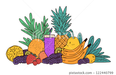 Fruits and juice tropical theme colorful arrangement with bananas pineapple berries and leaves vibrant design for food-related content 122440799