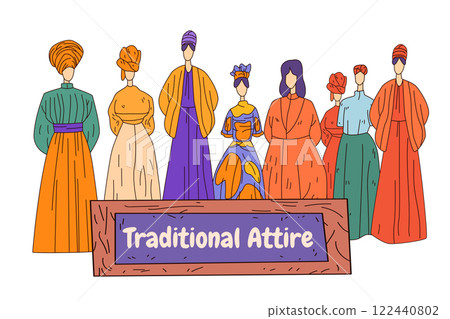 Traditional clothing diverse cultural outfits colorful attire illustration of people in varied garments and headwear standing together 122440802