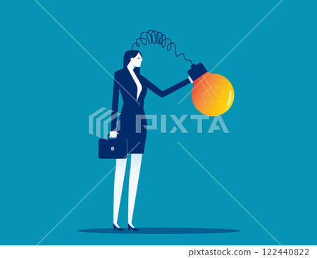 Businesswoman is holding an idea light bulb with tangled messy electrical line from his open head 122440822