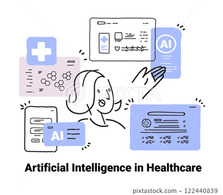 AI in healthcare concept illustration features a person interacting with digital health interfaces icons and diagrams in a minimalist hand-drawn style 122440839