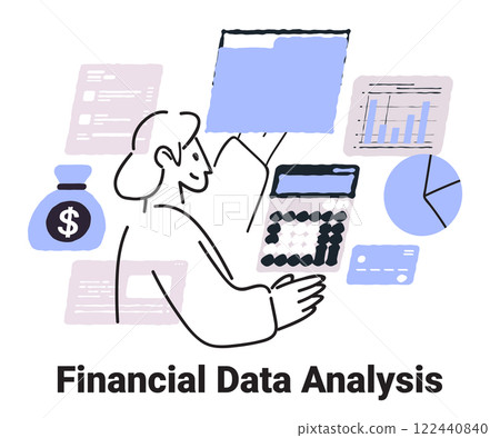 Financial data analysis concept with charts calculator money bag and person analyzing reports in minimalist hand drawn style for website or app template 122440840