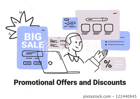 Big sale promotional concept with person presenting online offers and discounts surrounded by digital elements in minimalist hand drawn style Big sale promotional concept with person presenting online offers and discounts surrounded by digital elements in minimalist hand drawn style 122440845
