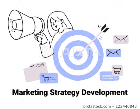 Marketing strategy development concept depicted with a person holding a megaphone aiming at a target surrounded by emails shopping carts and documents doodle style 122440848