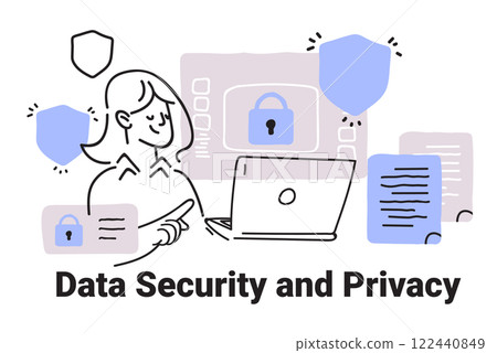 Data security and privacy concept woman using laptop surrounded by shields and documents minimalist sketch style 122440849