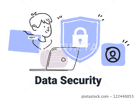 Data security concept laptop shield lock person file minimalist doodle style 122440853