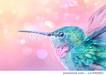 Close-up macro shot of a hummingbird feather, showcasing intricate texture and iridescent green  122440905