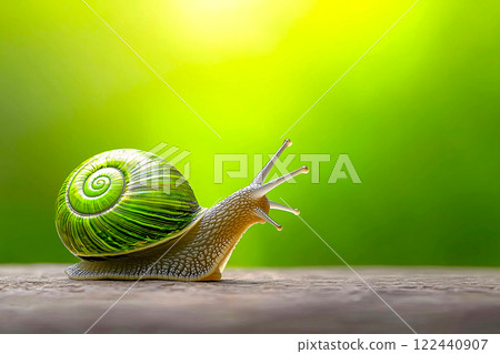 Close-up of a snail shell with a spiral pattern in green and brown, highlighting nature design  122440907