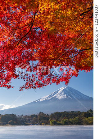 [山梨縣]富士山和秋葉，早晨的河口湖湖畔 122441037