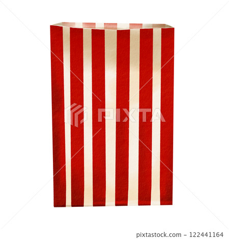 Striped paper bag. Gift packaging. Empty box. Snackware for chips and popcorn. Retro style. Watercolor illustration. No background. A universal takra for food, flowers, toys and small parts.  122441164
