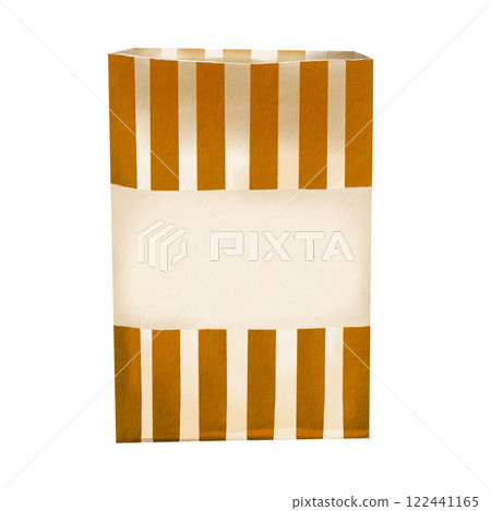Striped paper bag. Gift packaging. Empty box. Snackware for chips and popcorn. Retro style. Watercolor illustration. No background. A universal takra for food, flowers, toys and small parts. Striped paper bag. Gift packaging. Empty box. Snackware for chips and popcorn. Retro style. Watercolor illustration. No background. A universal takra for food, flowers, toys and small parts. 122441165