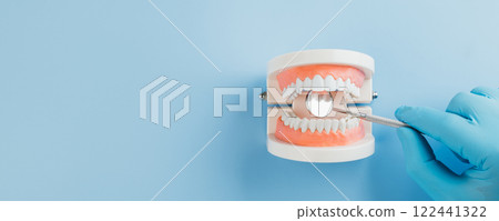 A dentist hand in gloves holds a dental mirror beside a tooth model for Dentist Day A dentist hand in gloves holds a dental mirror beside a tooth model for Dentist Day 122441322
