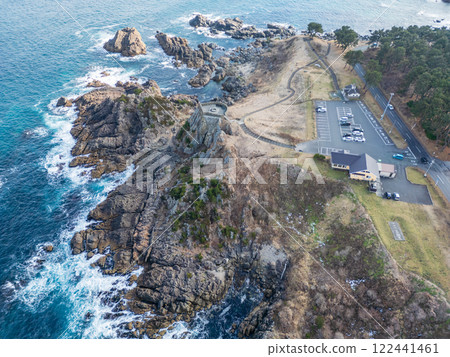 Aerial photography of Aomori Prefecture, Ashigezaki Observatory photographed by drone, Tanesashi Coast, winter 122441461