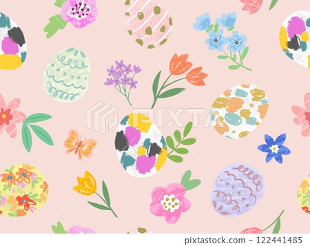 Pop and cute hand-drawn Easter design. Stylish Easter seamless pattern. 122441485