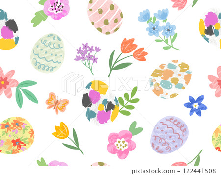 Pop and cute hand-drawn Easter design. Stylish Easter seamless pattern with transparent background. 122441508