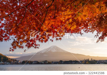 [Yamanashi Prefecture] Mt. Fuji and an arch of autumn leaves at dusk on the shores of Lake Kawaguchi in autumn 122441586