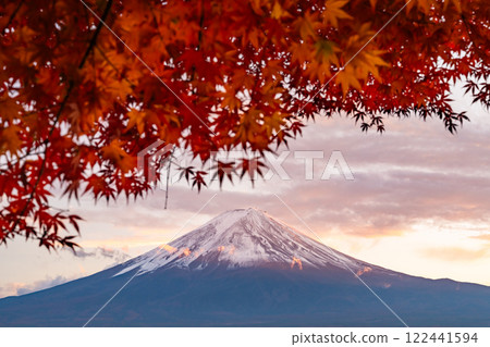 【山梨郡】秋季黃昏時分的河口湖畔，富士山與紅葉拱門 122441594