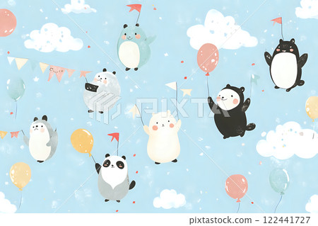 Chubby Animals Joyfully Marching with Pastel Balloons and Colorful Flags 122441727