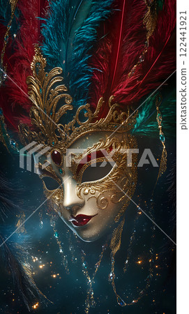 Exquisite Venetian masks featuring rich colors and gold accents 122441921