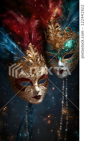 Elegant Venetian masks with intricate feather details and crystals 122441922