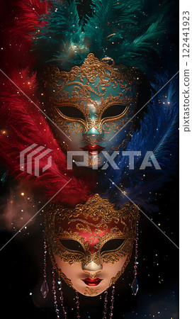 Luxurious Venetian masks featuring vivid colors and feather accents 122441923