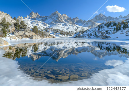 Calm frozen lake showcasing reflections of snow-covered mountain ridges Calm frozen lake showcasing reflections of snow-covered mountain ridges 122442177