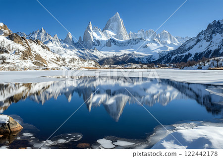 Stunning frozen lake reflecting the towering snow-capped mountain landscape 122442178