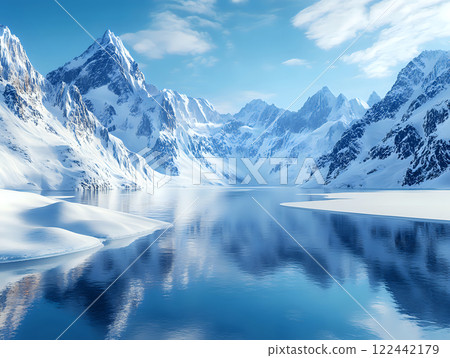 Expansive frozen lake reflecting towering snow-covered mountains and sky Expansive frozen lake reflecting towering snow-covered mountains and sky 122442179